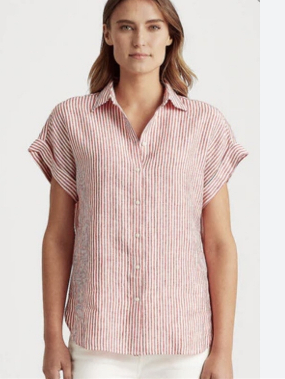 Lauren Ralph Lauren Red & White Stripe Linen Rolled Sleeve Buttondown Shirt 2X